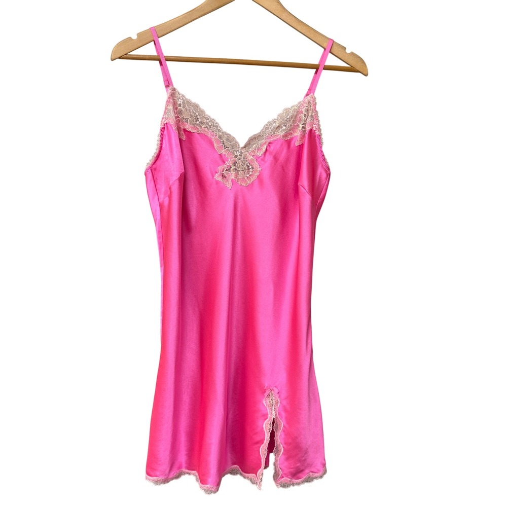 Victorias Secret Hot Pink Satin Lace Trim Chemise Slip Dress Size Large Coquette